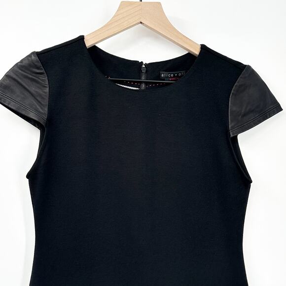 Alice + Olivia Gracie Black Sheath Dress Leather Cap Sleeves in Black Size 2‎ - Picture 5 of 12